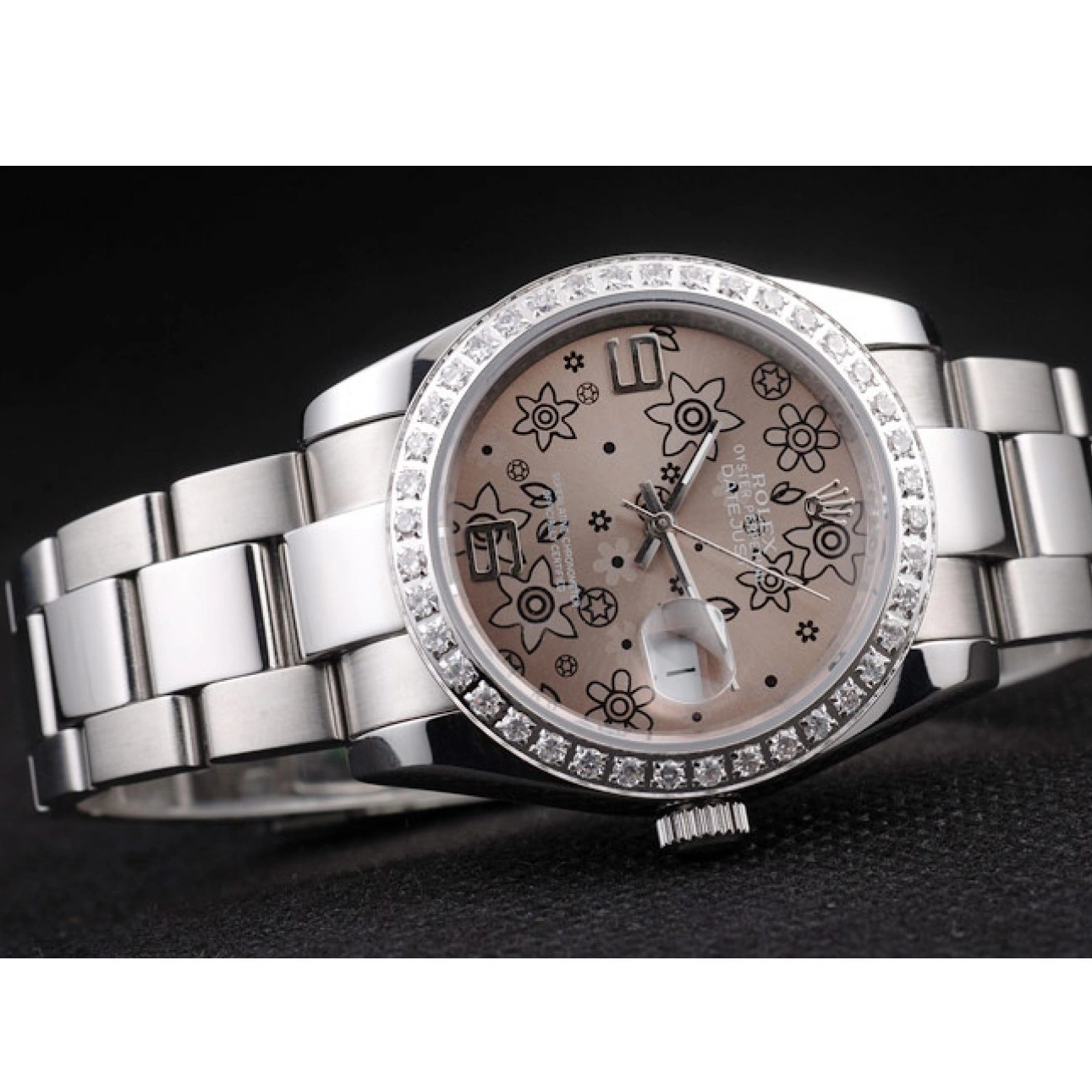 Aaa replica watch Brown Flowers Plated Datejust Dial Diamond Steel Rolex Stainless Polished 0606